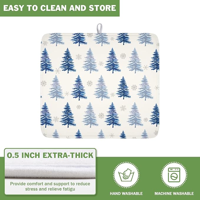 ABSOP Winter Dish Drying Mat 16 x 18 Inch Blue Tree Dish Drying Pad Absorbent Microfiber Mats for Snowflake Dish Rack Pad for Holiday Kitchen Counter Coffee Bar Decor