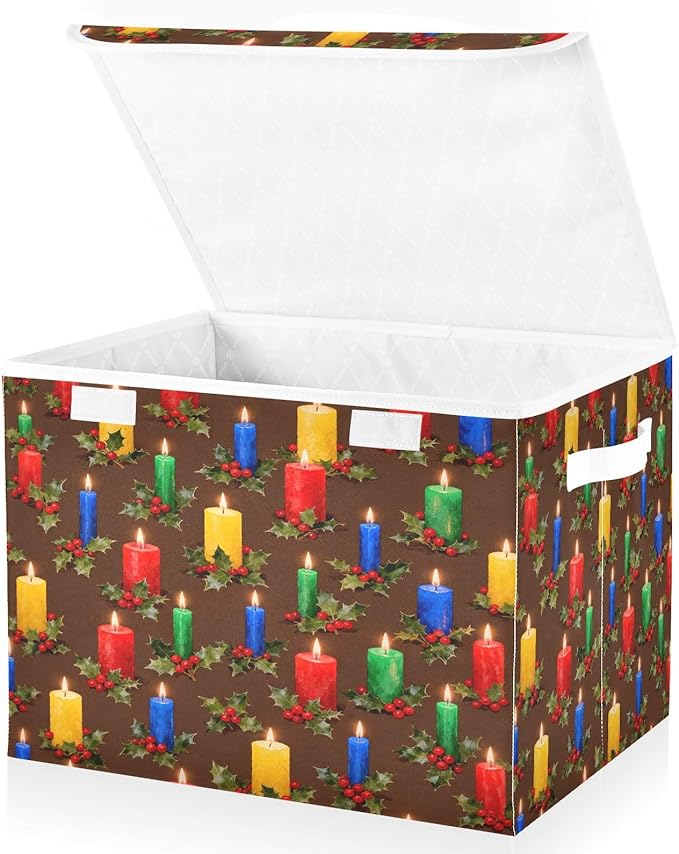 Christmas Candles Holly Berries Storage Bins with Lids Foldable Storage Basket with Handles Collapsible Large Fabric Organizer Containers for Clothes Shelves Closet Office Home