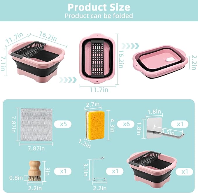 Collapsible Dish Basin & Wash Basin – 11L(2.91 Gal) Portable Sink with Drain Plug, Foldable Kitchen/Camping Sink for Dishwashing, Vegetable, RV, Camping & Outdoor Use (PINK)