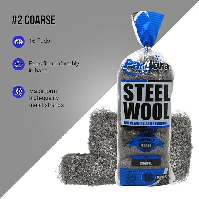 Pandora Steel Wool #2 – Coarse Grade, 48 Pads for Cleaning and Removing - Metal Strands - Ideal to Remove Floor Scuff Marks and Old Wax