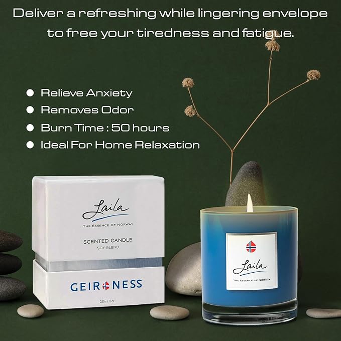 Geir Ness Laila Perfume Candle - Soy Wax Scented Candles For Home, Bathroom and Spa Room - Cotton Wick- Long Lasting Burn and Scent - Aromatherapy Candle with Relaxing Clean Fragrance