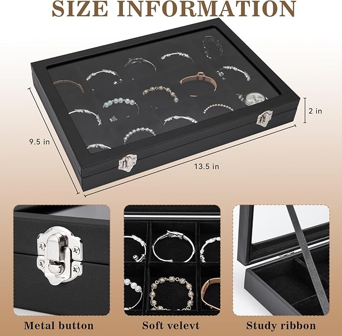 Polmart 15-Grid Jewelry Organizer/Storage/Display Case with Acrylic Lid, Black Velvet