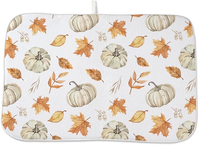Fall Dish Drying Mat 18 x 24 Inch Thanksgiving Pumpkin Maple Leaf Drying Mat for Kitchen Counter Absorbent Farmhouse Harvest Autumn Pumpkin Dishes Dry Pad for Drainer Rack Kitchen Fast Dry