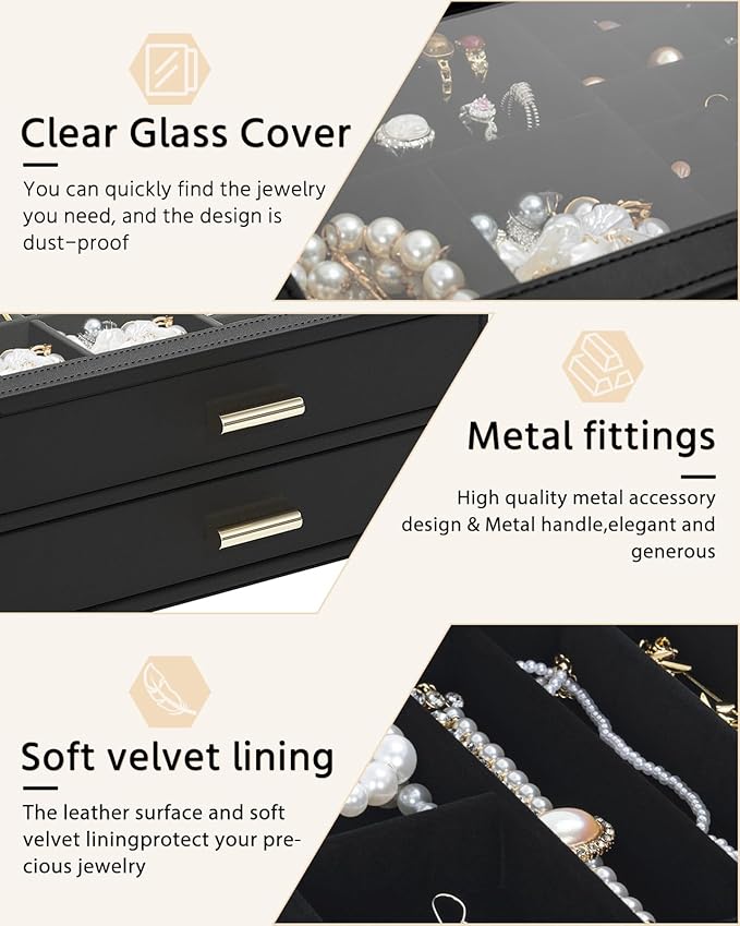 AKOZLIN Jewelry Box with Clear Lid Functional Leather Jewelry Storage Organizer Case 2 Drawers for Women Girls Necklace Ring Bracelet Earring