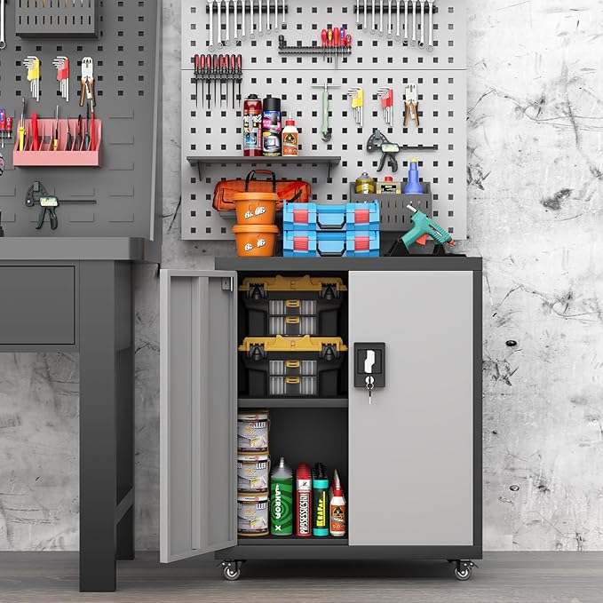 31.5''H Metal Storage Cabinet with Wheels, Garage Tool Storage Cabinets with Lock, Lockable Steel Rolling Tool Chest with Doors & Adjustable Shelves for Garage, Home, Office