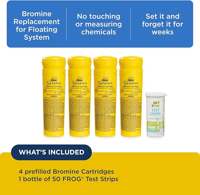 FROG Serene Replacement Bromine Cartridges for use with Hot Tub FROG Serene Floating Sanitizing System with 50 Test Strips - Prefilled for Quick & Easy Hot Tub Maintenance - 4 Pack