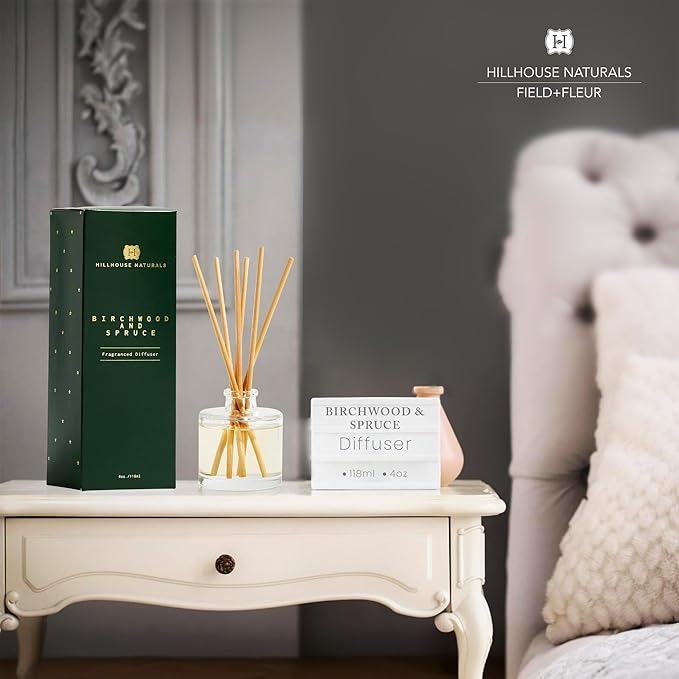 Hillhouse Naturals Birchwood & Spruce 4oz Diffuser. with fragrances of Aspen Birchwood, Spruce and Bergamot. Diffuse time 3-4 Months. Made in The USA.
