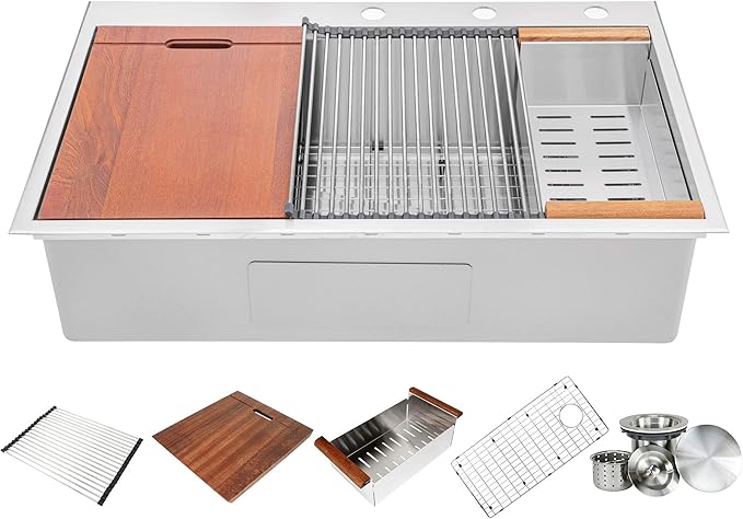 36” x 22” Workstation Topmount/Drop-in Stainless Steel Sink, 16-Gauge Bowl, 15mm Radius Corners, Accessories Includes Bottom Protective Grid, Dish Rack, Colander, Strainer & Cutting Board