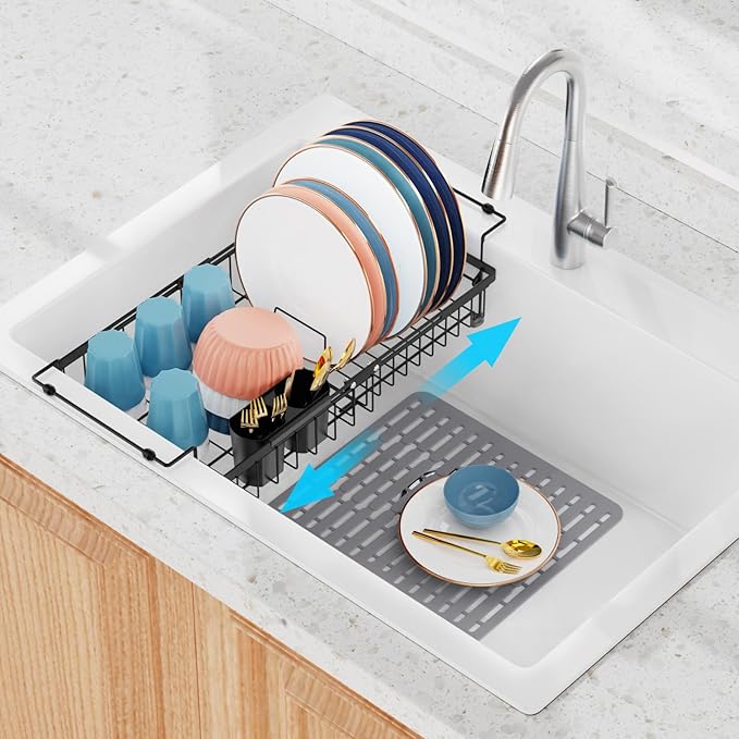 iSPECLE Expandable Dish Drying Rack with Silicone Sink Protector for Large Kitchen Sink, Rust Resistant Adjustable Dish Drainer with Tightening Knob, 12.8" W x 15.8"-20.7" L, Black