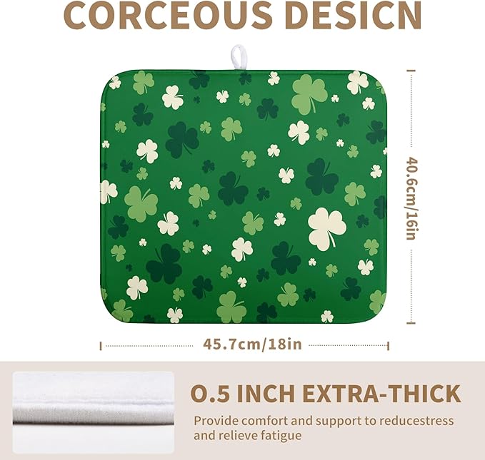Wnoesat St.Patrick's Day Dish Drying Mat for Kitchen Counter Green Shamrock Drying Mats Spring Lucky Clovers Draining Pad Microfiber Absorben Dish Drainer Rack Mat Reusable Washable Dry Mat 16x18 Inch