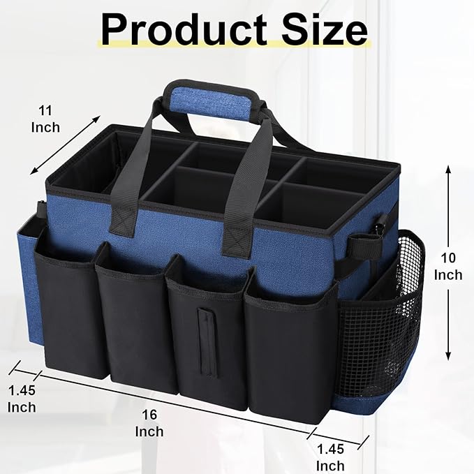 Wearable Large Cleaning Caddy Bag for Housekeeper, Clean Supply Organizer with Adjustable Shoulder, Waist & Handle Straps, Detailing Bag for Kitchen Supplies (Blue)