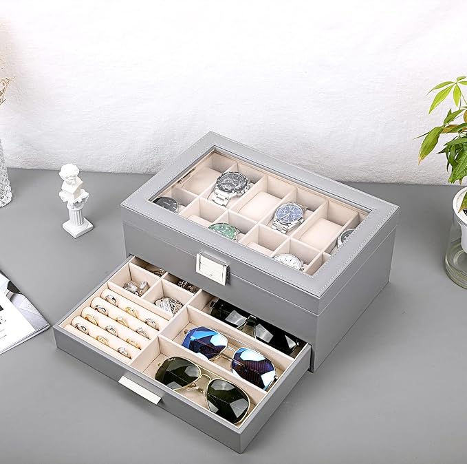 Voova Jewelry Box Watch Boxes Organizer for Men Women, 2 Layer Large 12 Slot PU Leather Watch Storage Case, Glass Top Jewelry Display Holder for Watches Sunglasses Rings Necklaces Bracelets,Grey