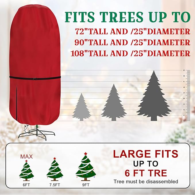 Upright Christmas Tree Storage Bag - Fits Topiary Trees Up to 6ft, Durable Lightweight Vertical Cover for Holiday Trees & Topiaries, Easy Xmas Storage (Red, 6FT)