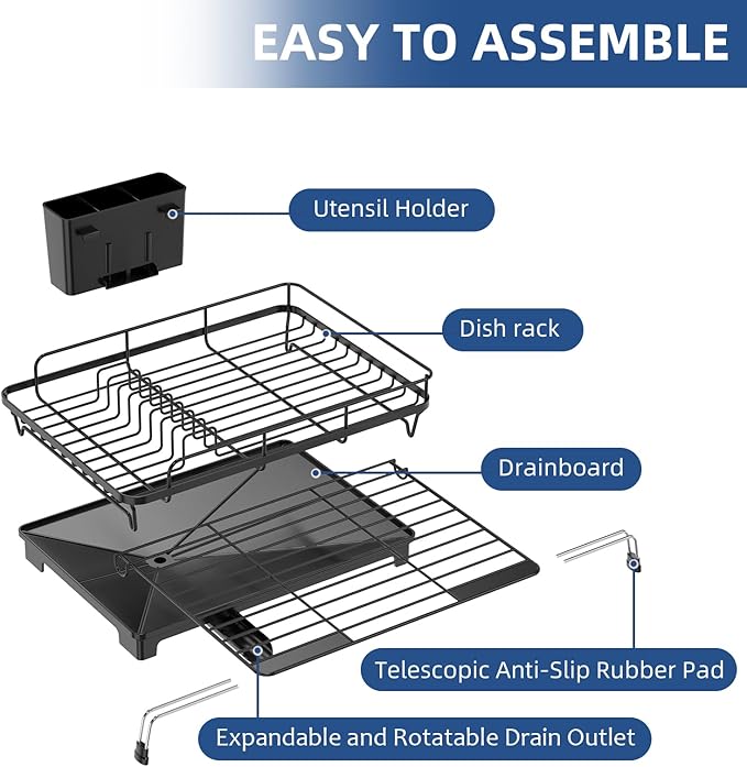 ULAIHOMN Extendable Dish Drying Rack for Kitchen Counter, Rustproof Stainless Steel Dish Rack with 360° Swivel Spout, Large Capacity Expandable Sink Drainer for Bowls, Pots, Silverware - Black