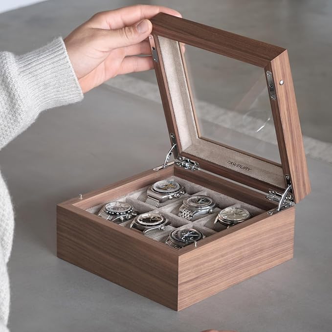 TAWBURY Wooden Watch Case - 6 Slot Wood Watch Box for Men & Women with Glass Display, Protective Fully Lined Interior and 2-inch Wide Pillows for Large Watches (Light Walnut)