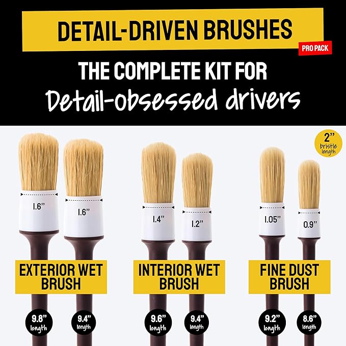 Detail Dudes Boar Hair Detailing Brush Set - 9-Pack - Includes Wheel, Tire Brush & Tire Dressing Applicator - Soft Boar Hair Bristles - Scratch-Free Car Wash - Crevice Tools for Vents & Emblems