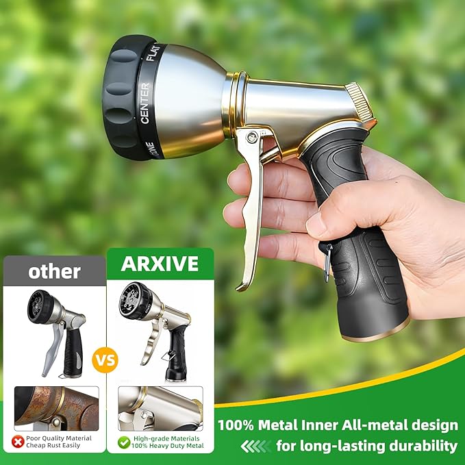 ARXIVE Garden Hose Nozzle,Heavy Duty High Pressure Hand Sprayer,100% Metal Water Hose Sprayer Nozzle with 7 Spray Patterns for Watering Garden,Lawns,Car Washing and Pet Washing