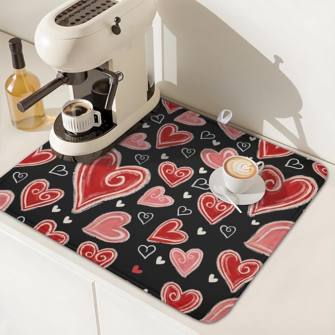 Valentines Day Dish Drying Mat for Kitchen Counter 18x16 Inch Black Red Heart Drying Mat with Absorbent Reversible Microfiber Love Dish Drainer Mats Rack Pad for Coffee Countertop Protector