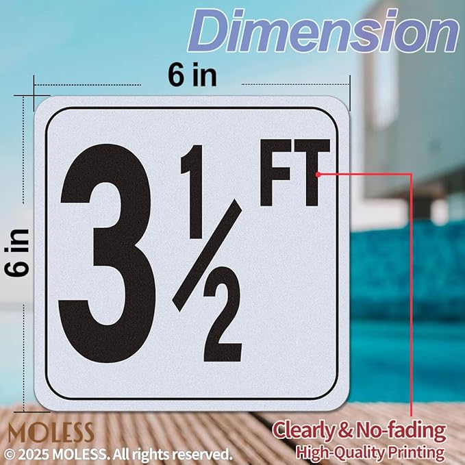3½FT Pool Depth Marker Stickers – 6x6″ Anti-Slip Vinyl Tile Stickers for Swimming Pool Safety Signs, Adhesive Pool Depth Markers for Decks, 3½ FT (1 Pack)
