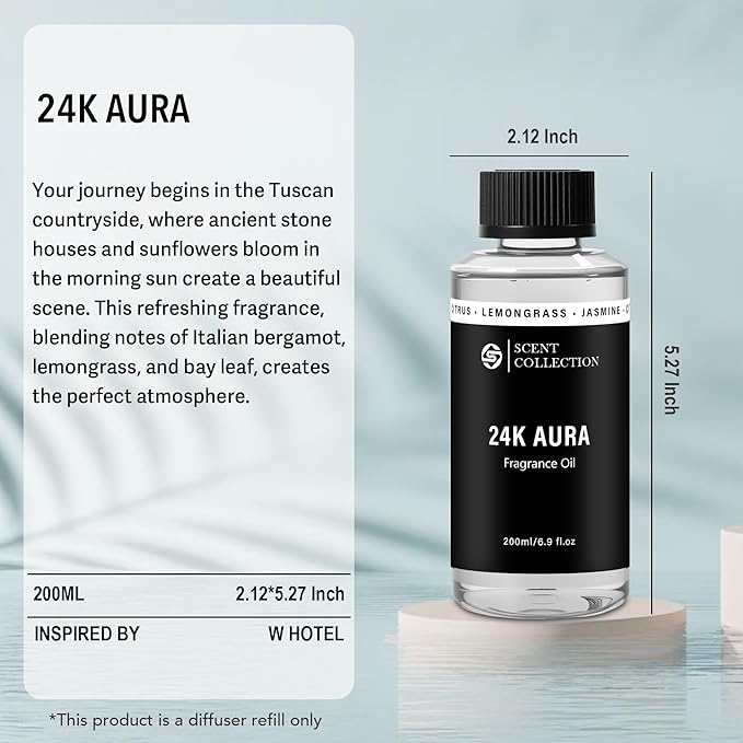 Luxury Hotel Scent 24K Aura Diffuser Oil Waterless Essential Aromatherapy for Cold Air & Car Diffusers – Long Lasting Refill for Large Room & Home - Non Toxic, Signature Lemongrass (200ml/6.76Fl oz)