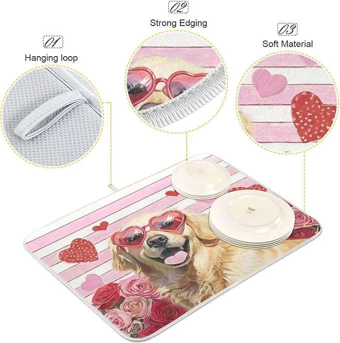 Happy Valentine's Day Pink Dish Drying Mat for Kitchen Countertop 18x24 Love Golden Retriever Dog Flowers Large Drying Mat Reusable Quick Dry Dish Sink Mats Easy Clean Decorative Essentials