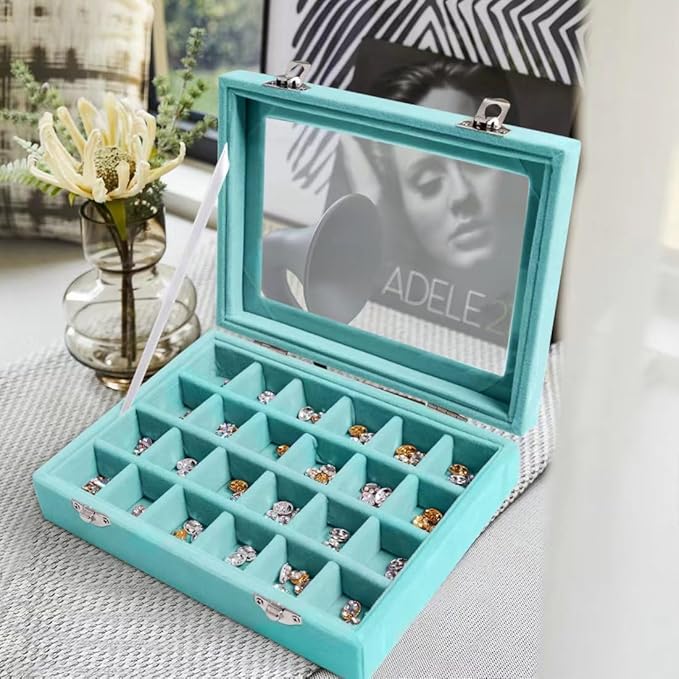 Velvet Jewelry Box 24 Grid Jewelry Earrings Display Organiser Box Ring Tray Holder Earrings Storage Case for Girls Women Wife Mom (Light blue)