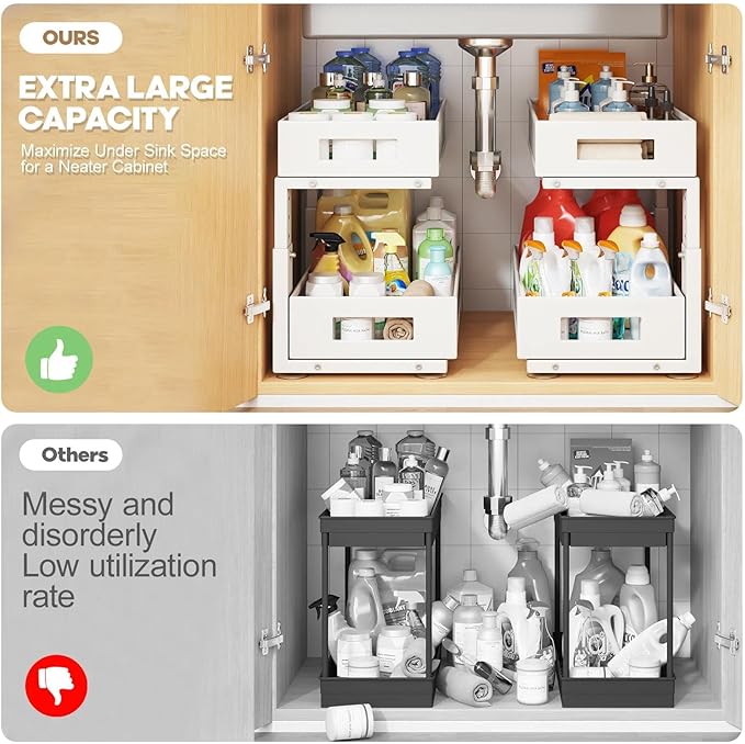 1 Pack 17IN Depth Under Sink Organizer, 2-Tier Pull Out Cabinet Organizer With Smooth Circular Rail, Large Capacity Metal Mesh Sliding Drawers For Bathroom& Kitchen Storage,Height Adjustable –White