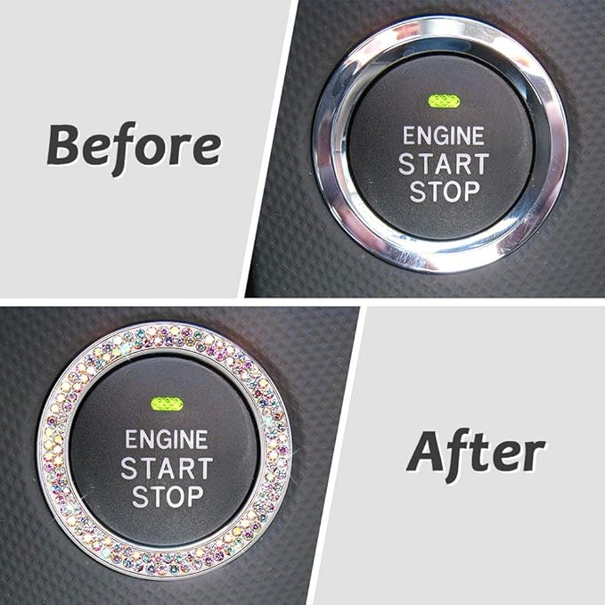 ToBeQueen Car Crystal Ring Sticker Multicolor Bling Ring Interior Emblem,2 Pcs Crystal Car Decal Start Engine Ignition Button for Women Girl Rhinestone Bling Car Accessories Colorful