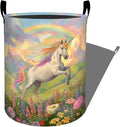 Magical Unicorn with Rainbow Laundry Basket with Handles, 19.7"x15.7" Clothes Foldable Floral Meadow Laundry Hamper Organizer for Dorm Nursery Bedroom Bathroom Decor, Toy Storage Bin for Kids