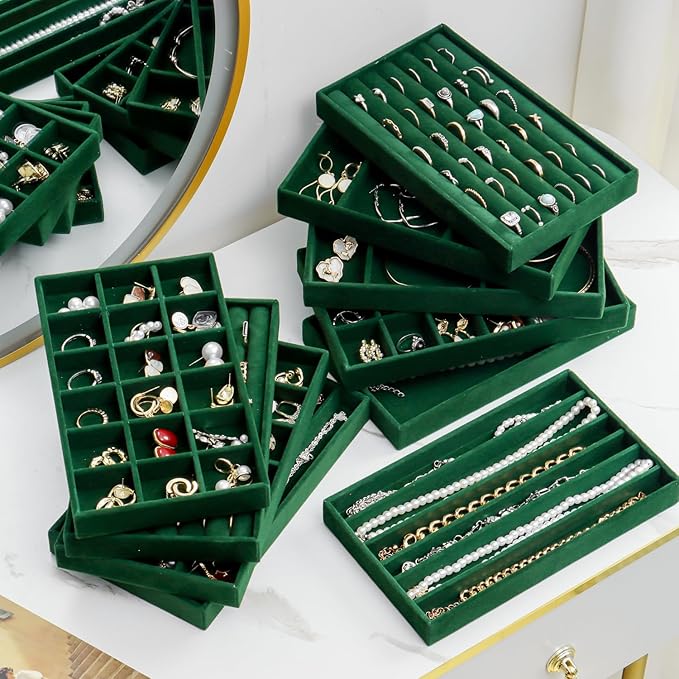 SPAKOWN Jewelry Drawer Organizer Inserts Set of 9, Jewelry Trays for Drawers Velvet Jewelry Organizer Tray Drawer Jewelry Organizers and Storage for Earring Ring Necklace Watch Bracelet (Green)
