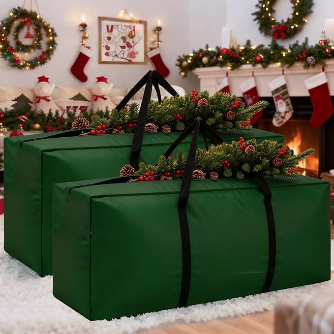 2 Pack Extra Large Christmas Tree Storage Bags Fits Up to 12 ft Tall Artificial Trees, 68" L X 30" W X 20" H Heavy Duty Xmas Tree Storage Bag Waterproof with Handles and Zippers, Green