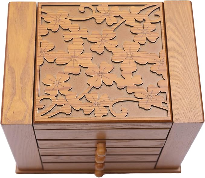Eapmic Extra Large Four-Leaf Carved 5 Layers Wooden Jewelry Box Jewelry Case Cabinet Armoire Ring Necklacel Gift Storage Box Organizer(5 Layers,Brown,Style 1)