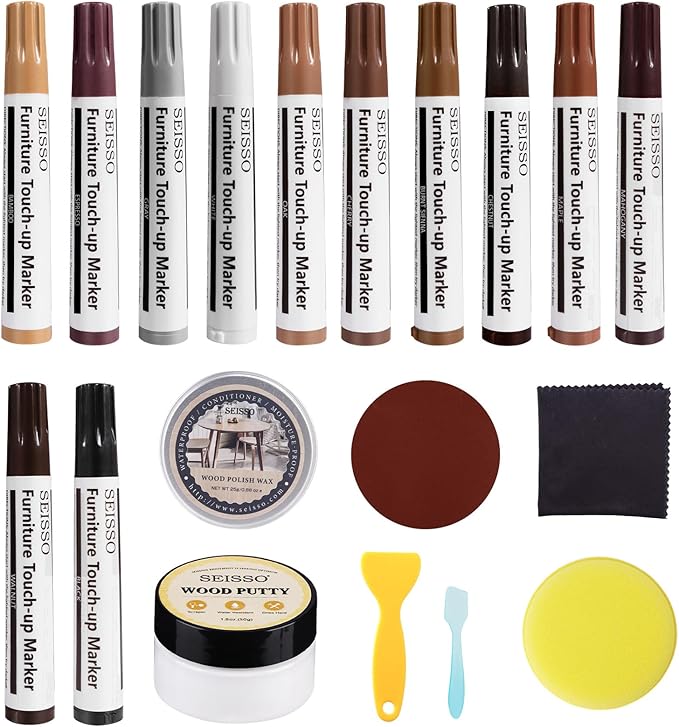 Furniture Touch Up Markers, 12 Colors New Upgrade Furniture Pens, Wood Markers, 19 Pcs Wood Scratch Repair Tools Kit with Polish Wax, Wood Putty, for Cracks, Holes, Stains, Floors, Tables, Cabinets