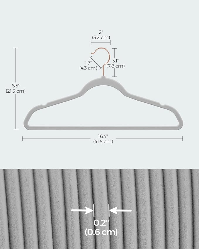 SONGMICS Slim Velvet Hangers, Non-Slip Clothes Hangers with Rose Gold Swivel Hooks, Space-Saving, for Closet, 50 Pack, Dove Gray UCRF026G50