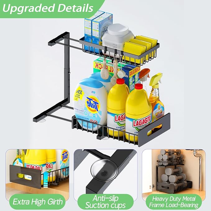 ADBIU Under Sink Organizer(10 Seconds Installation), 2 Packs 2 Tier Expandable Height (11" - 16") Under-Sink Organizers Slide out Pull out Bathroom Kitchen Organizers And Storage