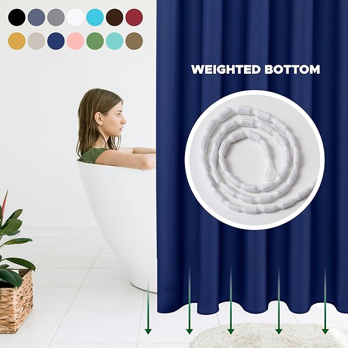 Biscaynebay Hotel Quality Fabric Shower Curtain Liners 72 Inch by 72 Inch, Navy Water Resistant Bathroom Curtains, Rust Resistant Grommets Weighted Bottom Hem Machine Washable
