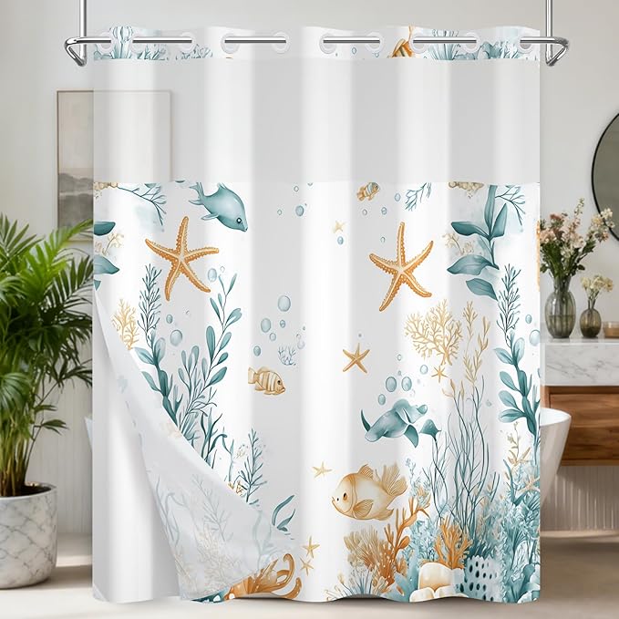 Hook-Free Ocean Shower Curtain with Translucent Top Window, Shower Curtain with Snap in Liner and Weighed Hem, Waterproof Bathroom Shower Curtains, Ocean Themed Bathroom Decor, 71x74 Inch