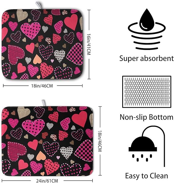 Happy Valentine's Day Kitchen Drying Mats for Dishes 18x24 Inch Love Heart Dish Drying Mat Black Pink Polka Dots Dish Drainer Mat Super Absorbent Dish Rack Pad for Coffee Bar Sinks