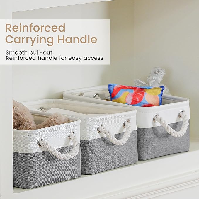 Storage Baskets for Shelves 11.8x7.9x5.2 Inch, Foldable Fabric Storage Bins with Handles, Small Storage Baskets for Organizing Closet, Office, Home Organization (3-Pack, White&Gray)