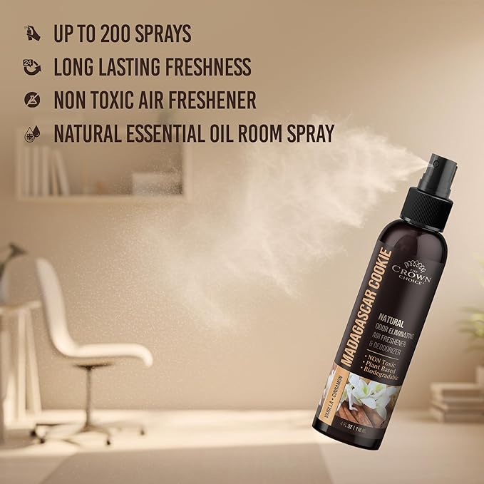 Non-Toxic Odor Eliminator, Natural Vanilla & Cinnamon Air Freshener Spray for Home, Room, Closet & Couch Deodorizer, Long Lasting Bathroom & Toilet Freshener, Safe for Kids & Pets, 2PK - 4 Oz each