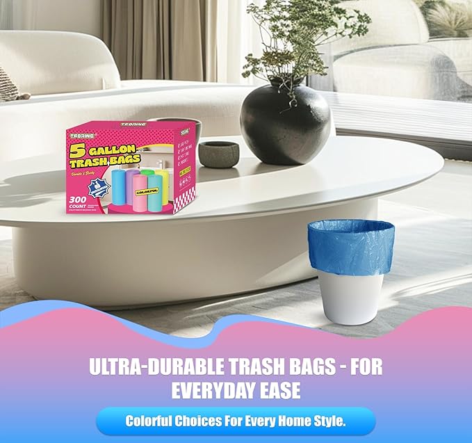 T.FORING 300 Count 5 Gallon Trash Bags - 18 Liter Colored Small Garbage Bags Unscented Wastebasket Liners 0.94 Mil Thick & Leakproof for Home Office Bedroom Bathroom