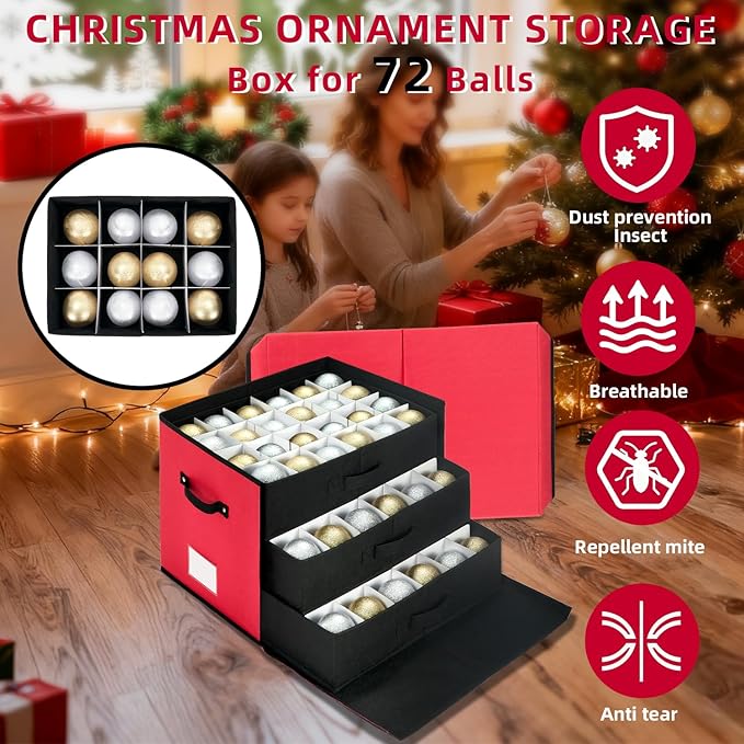 Large Christmas Ornament Storage Box With Adjustable Dividers,Ornament Storage Container with 3 Removable Trays for 72 Holiday Decorations,Red