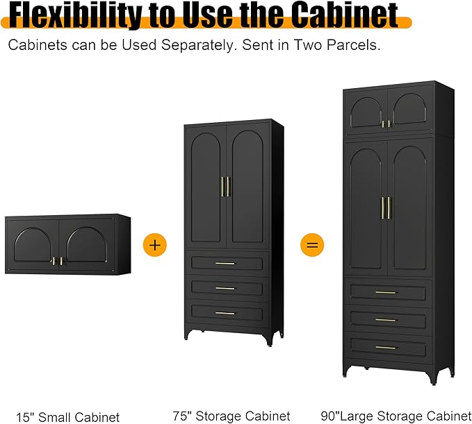 Metal Storage Cabinet with Doors and Shelves, 90" Tall Kitchen Pantry Storage Cabinets with 3 Drawer, Black Pantry Closet, Steel Large Cupboard, High Leveling Feet- Assembly Required