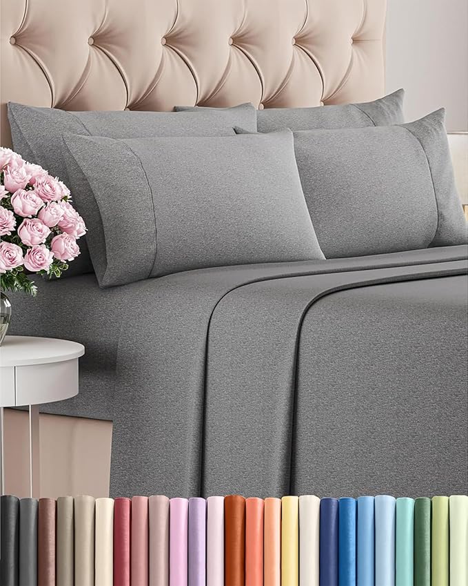 Queen 6 Piece Sheet Set - Comfy Breathable & Cooling - Soft Hotel Luxury Bedding Set with 8-16 Inch Deep Pockets - 1 Flat & 1 Fitted Sheet & 4 Pillowcases - Wrinkle Free & Easy Care - Heathered Grey