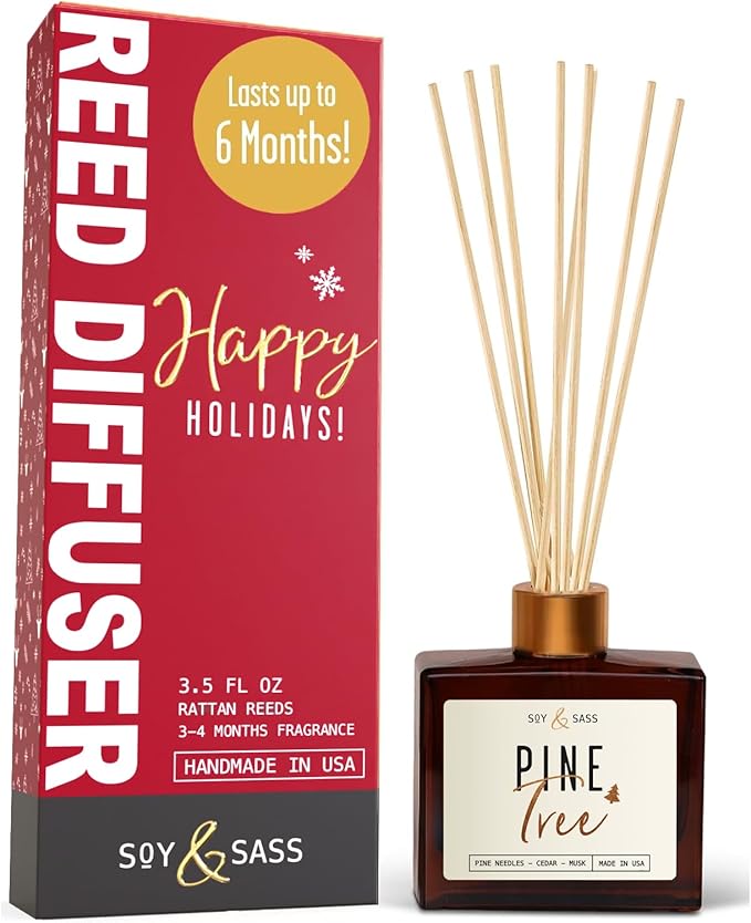 Pine Reed Diffuser, 'Pine Tree' - w/Balsam Fir, Cedar & Citrus I Infused w/Essential Oils I Christmas Diffuser Decor I 3.75 OZ Oil I Long-Lasting Scent Lasts 4-6 Month's I Made in The USA