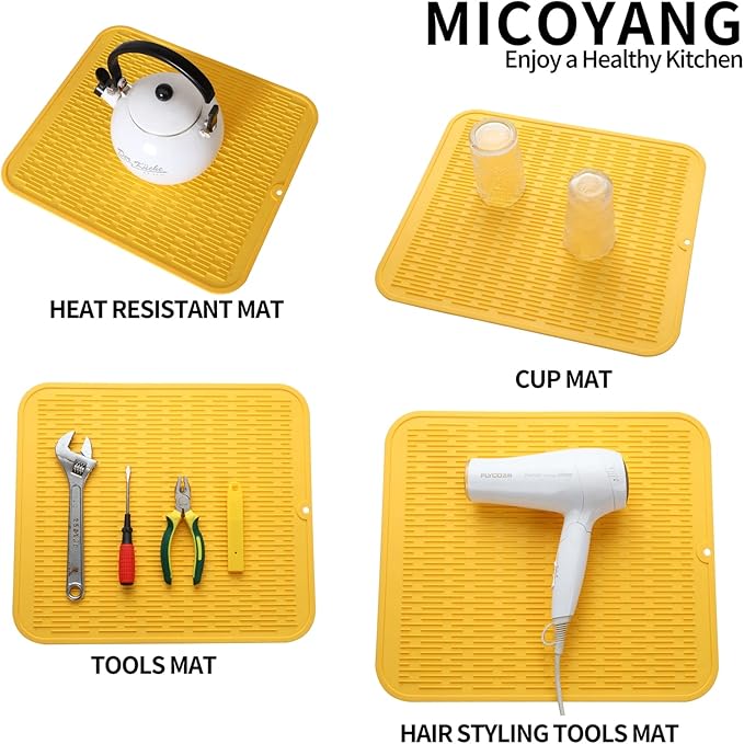 MicoYang Silicone Dish Drying Mat for Multiple Usage,Easy clean,Eco-friendly,Heat-resistant Silicone Mat for Kitchen Counter or Sink,Refrigerator or Drawer liner Yellow M 12 inches x 12 inches