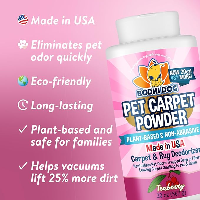 Bodhi Dog Natural Carpet Deodorizer Powder - Dry Pet Smell Eliminator & Urine Odor Remover - Loosens Fur & Dirt - Plant-Based Room Freshener for Vacuuming Home with Pets - Teaberry (Pack of 1)