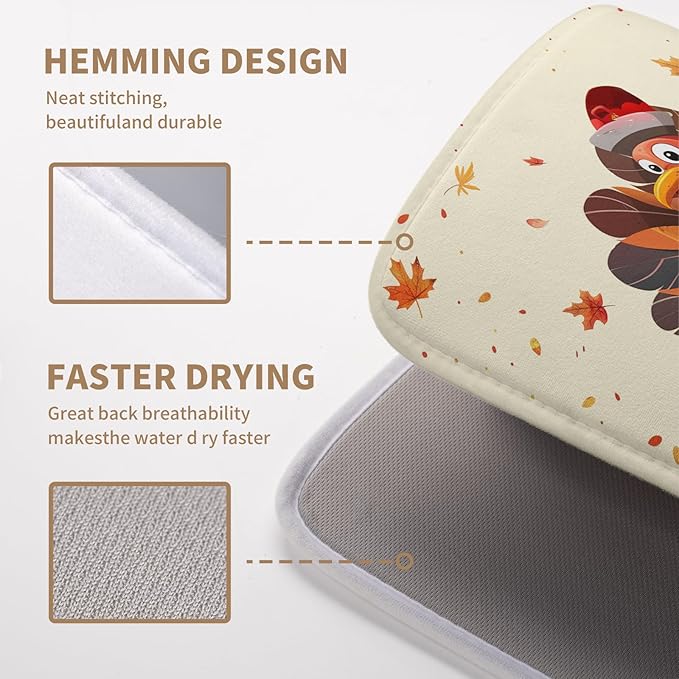 Wnoesat Thankgiving Dish Drying Mat for Kitchen Counter 16x18 Inch Fall Orange Turkey Maple Leaf Pumpkin Absorbent Microfiber Dish Rack Mat Autumn Thankgiving Dish Drying Pad for Coffee Bar Sink