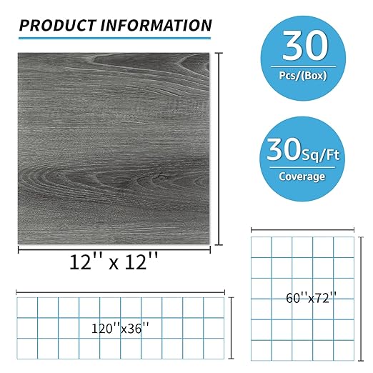 Art3d Peel and Stick Vinyl Floor Tiles 30-Pack 12 x 12 inch, Self Adhesive Waterproof Flooring Wood Planks for Kitchen, Dining Room, Bedrooms, Cover 30 Sq.Ft, Grey Oak