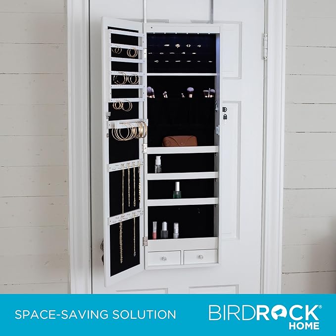 BIRDROCK HOME Hanging Jewelry Organizer - Lockable Storage Cabinet with Body Mirror & LED Lights, Door or Wall Mounted for Closet or Bedroom Dresser, Adjustable Height & Large Capacity - White
